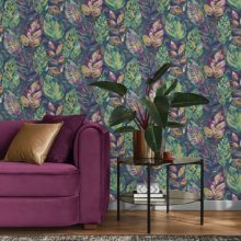 Aralia Levél mintás sötétkék vinyl tapéta