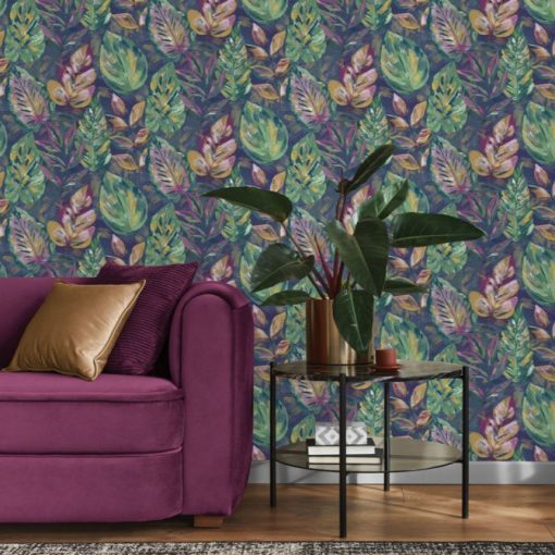 Aralia Levél mintás sötétkék vinyl tapéta