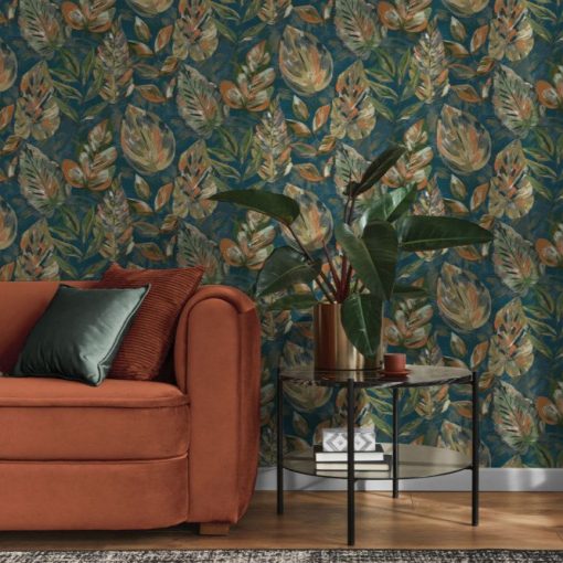 Aralia Levél mintás türkiz színű vinyl tapéta