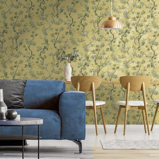 Folia Okkersárga színű erdei virág mintás vinyl tapéta