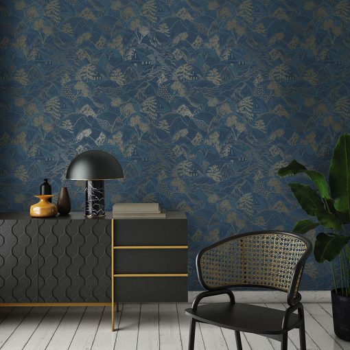 Teshio Kék tájkép mintás tapéta