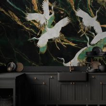 Emerald Tsuru  Daru mintás tapéta, Fekete tapéta, Zöld tapéta