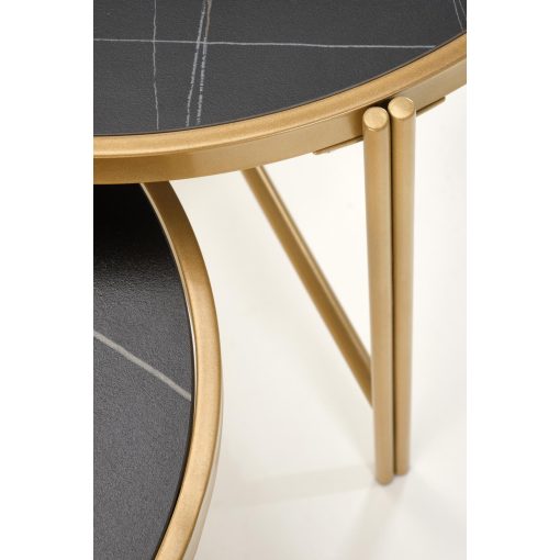 Elegáns kétrészes márvány lerakóasztal, márvány mintás lerakóastal, fekete lerakóasztal, arany lerakóasztal