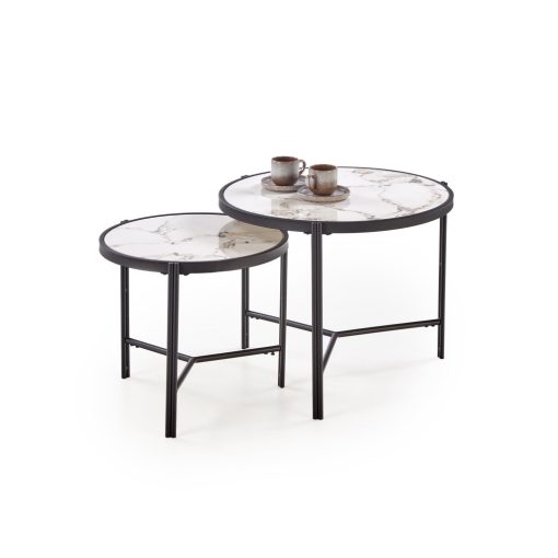 Elegáns kétrészes márvány lerakóasztal, márvány mintás lerakóasztal, fekete lerakóasztal, arany lerakóasztal