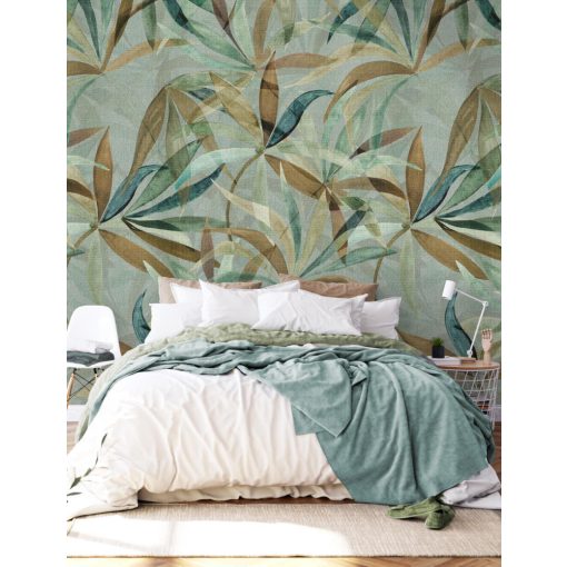 Flowing leaves Barna-zöld levélmintás poszter tapéta