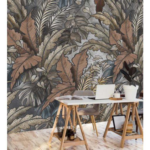 Dreaming of jungles grey Egzotikus zöld levélmintás poszter tapéta