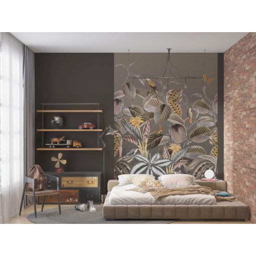 Jonna ochre Levélmintás papagájos poszter tapéta