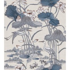Lotus pond, luxus tapéta, modern tapéta, virág mintás tapéta, textil tapéta, kék tapéta