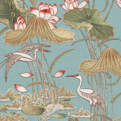 Lotus pond, luxus tapéta, modern tapéta, virág mintás tapéta, textil tapéta, türkiz tapéta