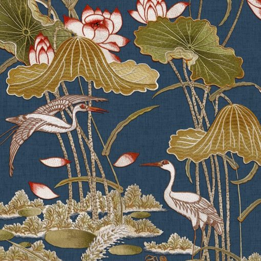 Lotus pond, luxus tapéta, modern tapéta, virág mintás tapéta, textil tapéta, sötét kék tapéta