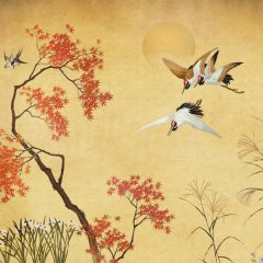 Crisantemos, madár mintás tapéta, japán stílusú tapéta