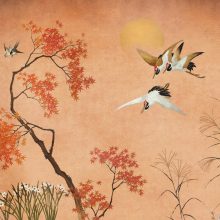 Crisantemos, madár mintás tapéta, japán stílusú tapéta