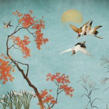 Crisantemos, madár mintás tapéta, japán stílusú tapéta