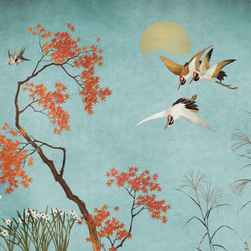 Crisantemos, madár mintás tapéta, japán stílusú tapéta