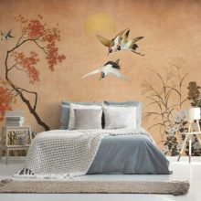 Crisantemos, madár mintás tapéta, japán stílusú tapéta