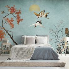 Crisantemos, madár mintás tapéta, japán stílusú tapéta