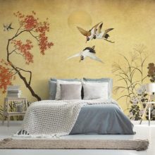 Crisantemos, madár mintás tapéta, japán stílusú tapéta