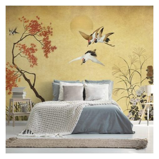 Crisantemos, madár mintás tapéta, japán stílusú tapéta