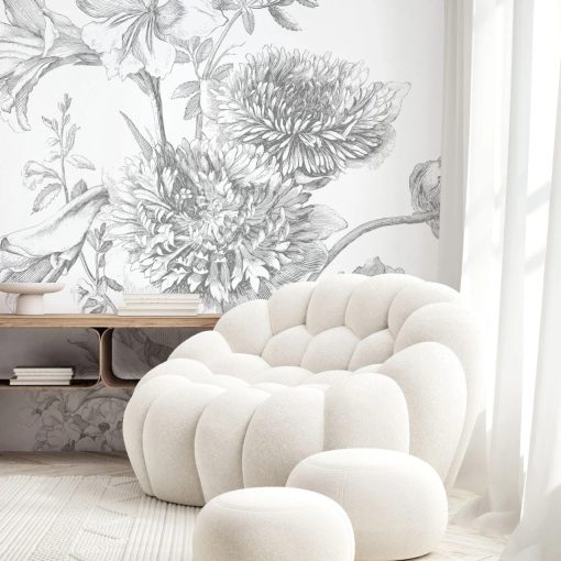 Gravírozott Virágok- Fekete-fehér virágos tapéta