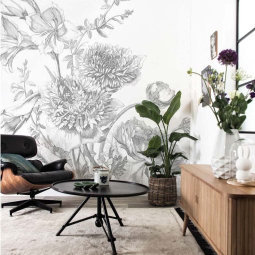 Gravírozott Virágok- Fekete-fehér virágos tapéta