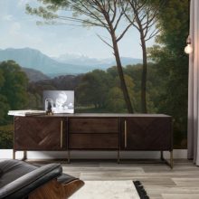 Aranykori tájak-Tájat ábrázoló tapéta fákkal, távoli hegyekkel