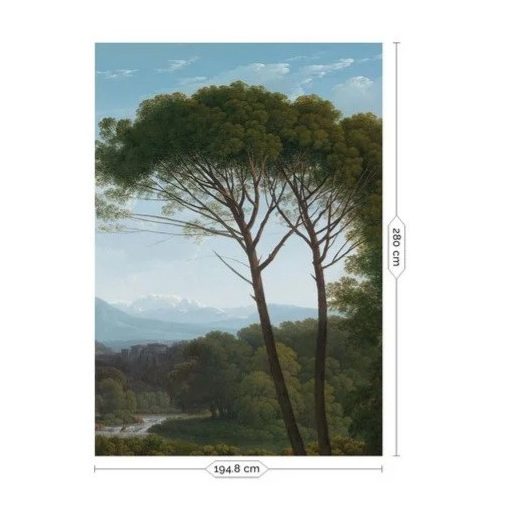 Aranykori tájak-Tájat ábrázoló tapéta fákkal, távoli hegyekkel