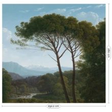 Aranykori tájak-Tájat ábrázoló tapéta fákkal, távoli hegyekkel