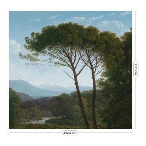 Aranykori tájak-Tájat ábrázoló tapéta fákkal, távoli hegyekkel