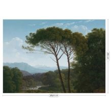 Aranykori tájak-Tájat ábrázoló tapéta fákkal, távoli hegyekkel