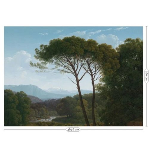 Aranykori tájak-Tájat ábrázoló tapéta fákkal, távoli hegyekkel