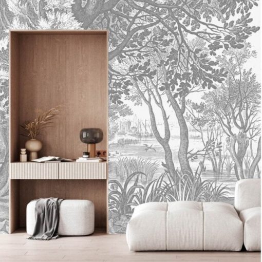 Vésett tájak- Fekete fehér vízparti tájat ábrázoló tapéta