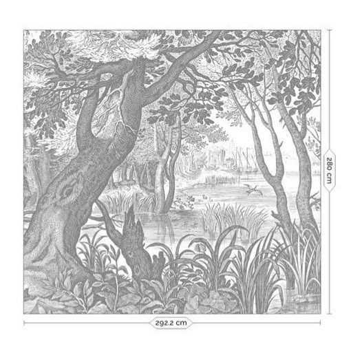 Vésett tájak- Fekete fehér vízparti tájat ábrázoló tapéta