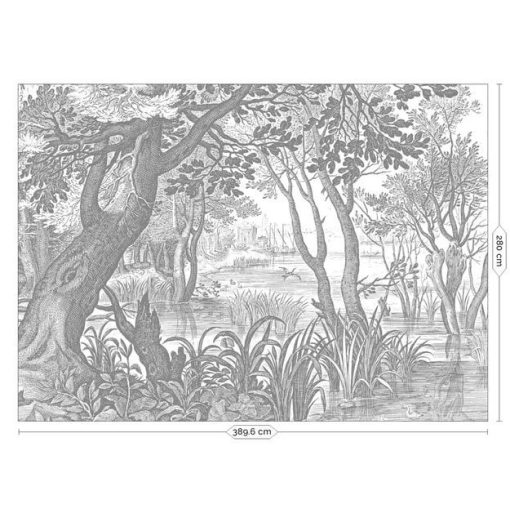 Vésett tájak- Fekete fehér vízparti tájat ábrázoló tapéta