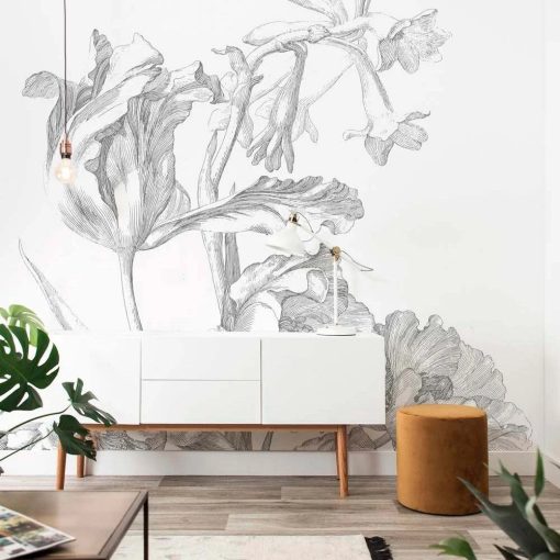 Gravírozott Virágok- Fekete-fehér virágmintás tapéta