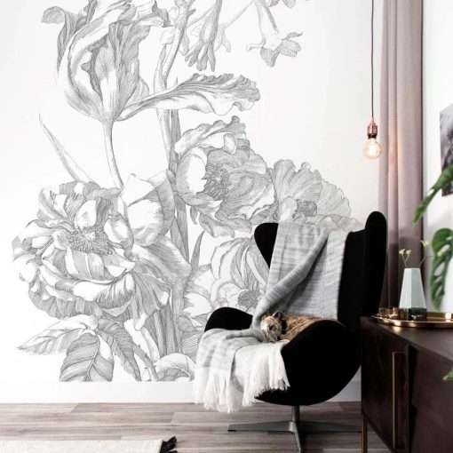 Gravírozott Virágok- Fekete-fehér virágmintás tapéta