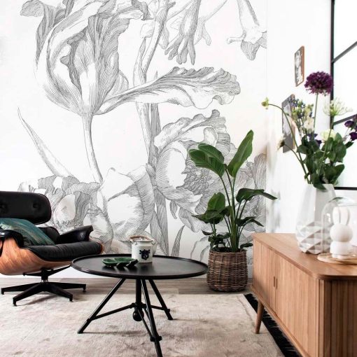 Gravírozott Virágok- Fekete-fehér virágmintás tapéta